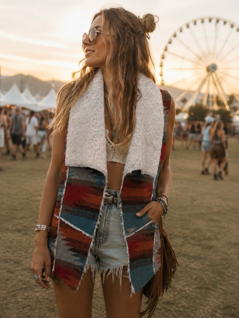 Boho Western Sherpa-Lined Vest in Red, Blue & Brown|wool blend
